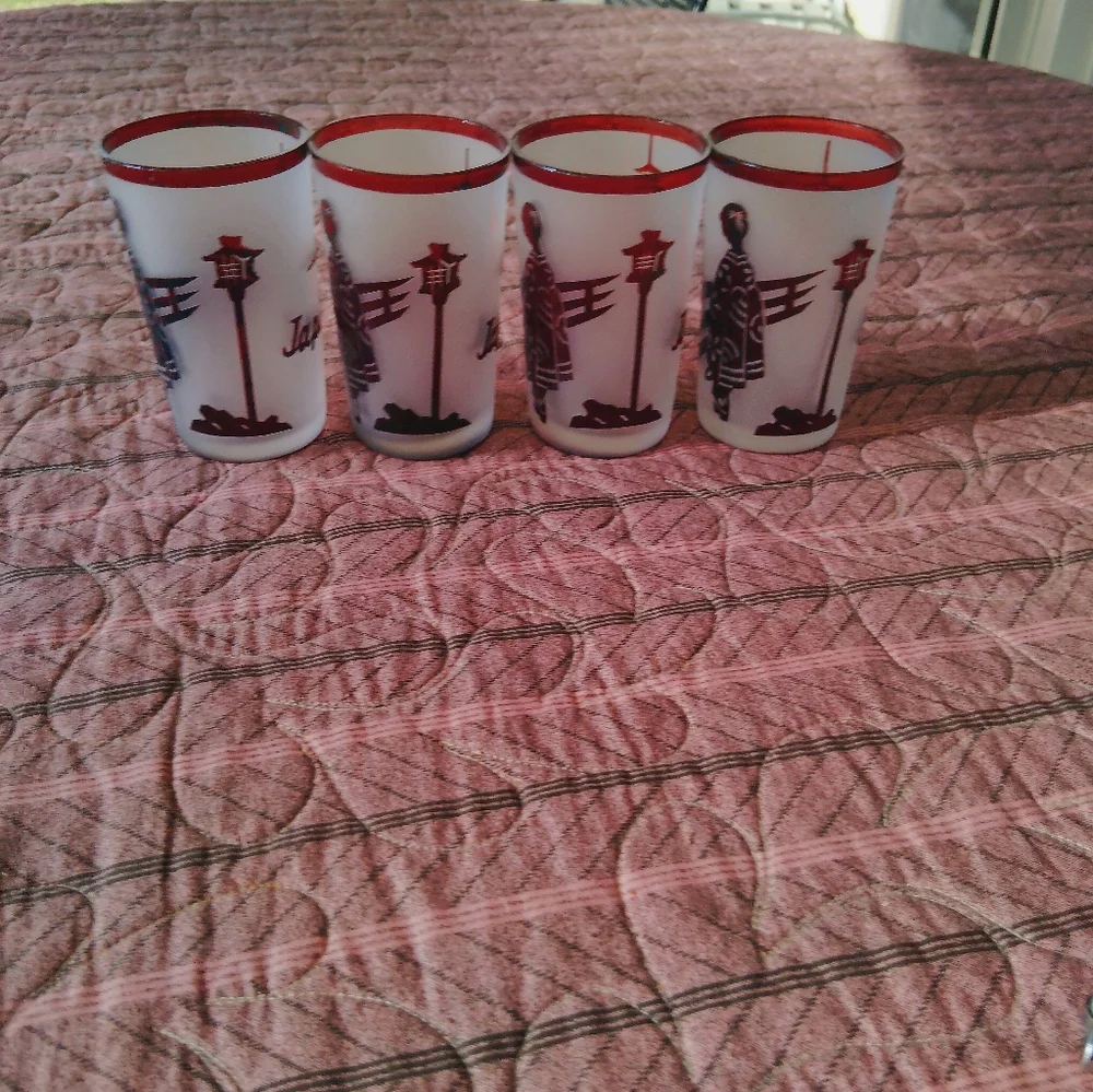 4 Vintage MCM Noritake Frosted Ruby Red Drinking Glasses Barware Bar